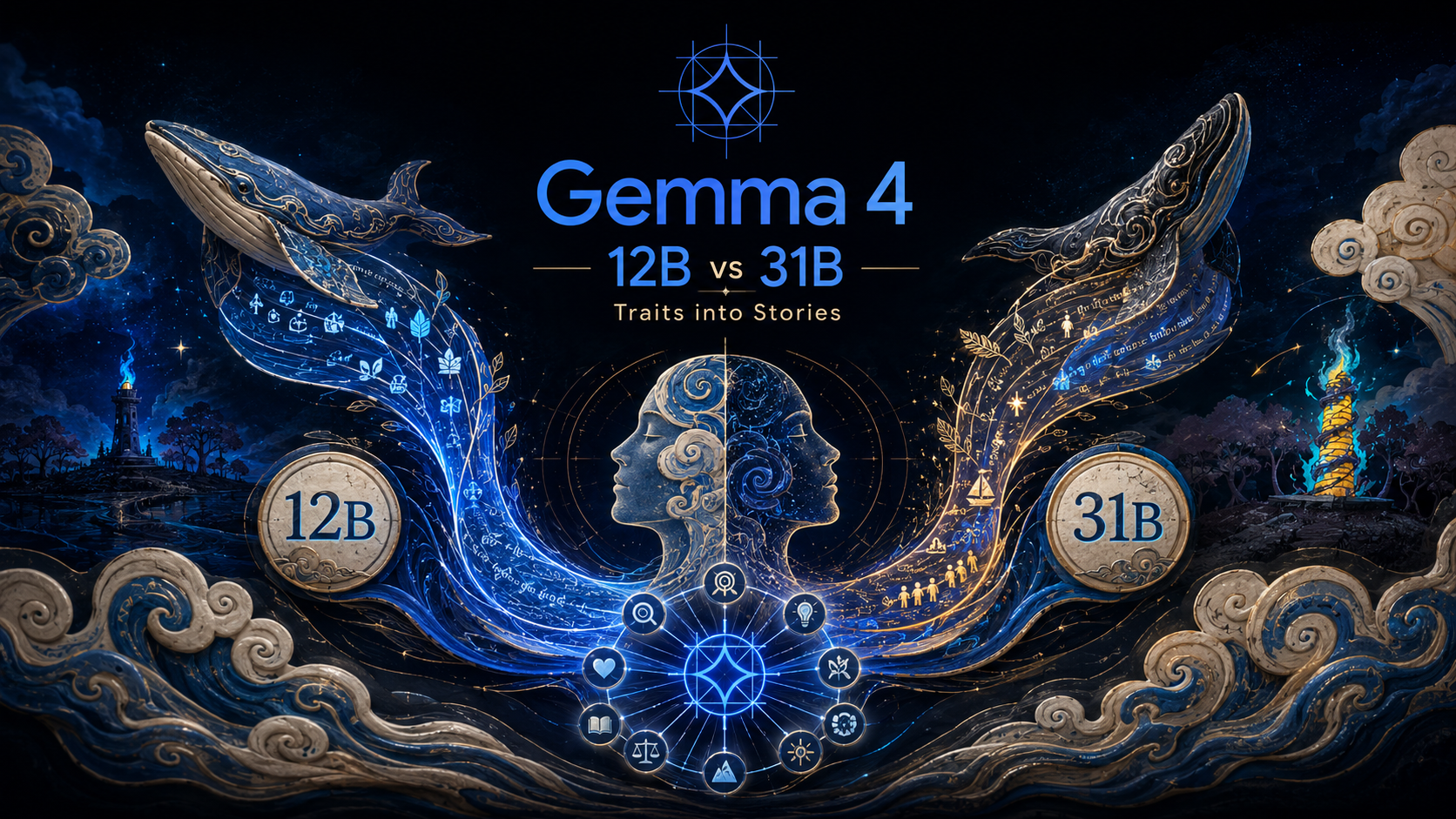 Gemma 4 12B versus 31B traits into stories benchmark artwork with two illuminated narrative streams.